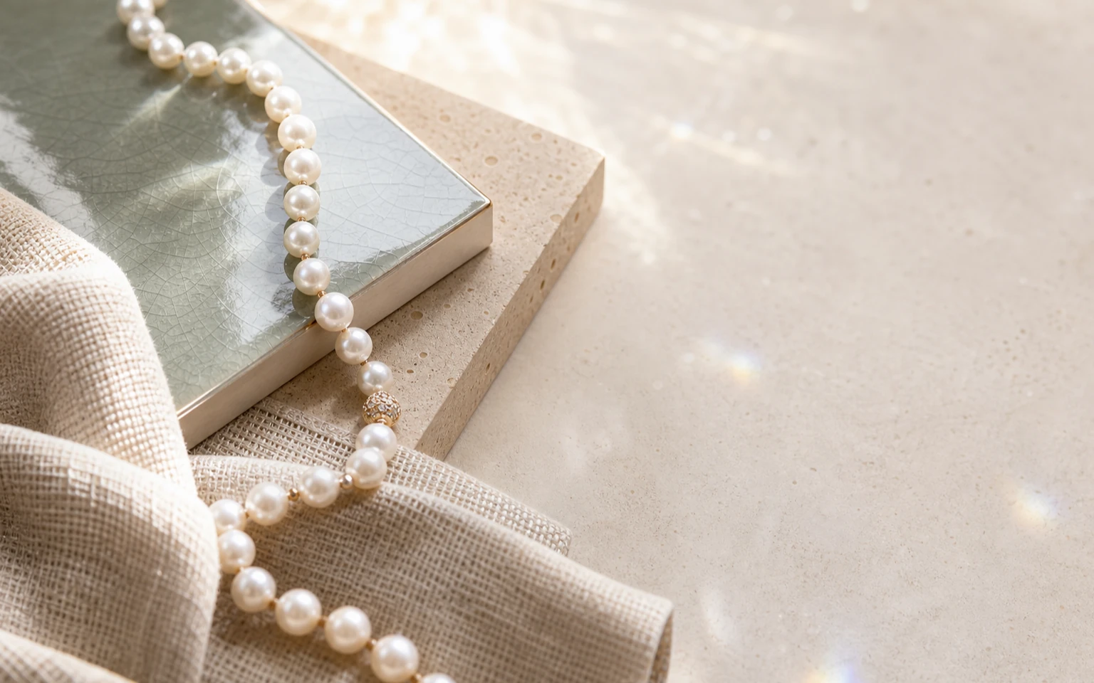Pearls arranged with tile, stone, and woven material samples
