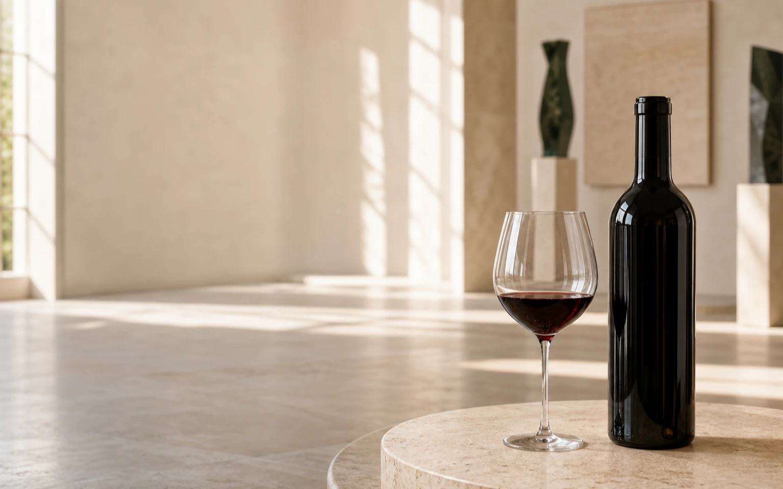 Wine bottle and glass in a luminous gallery interior