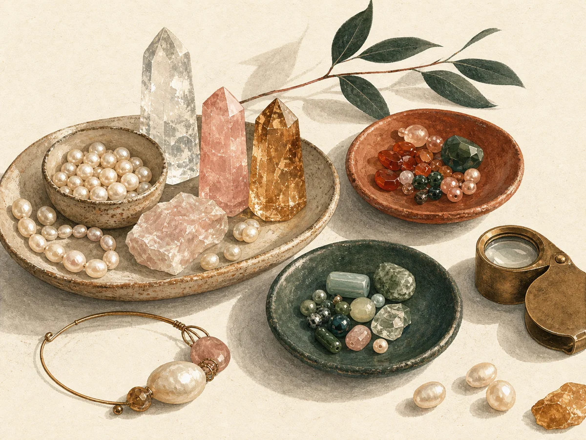 Editorial illustration of crystals, pearls, gemstones, and a jeweler's loupe