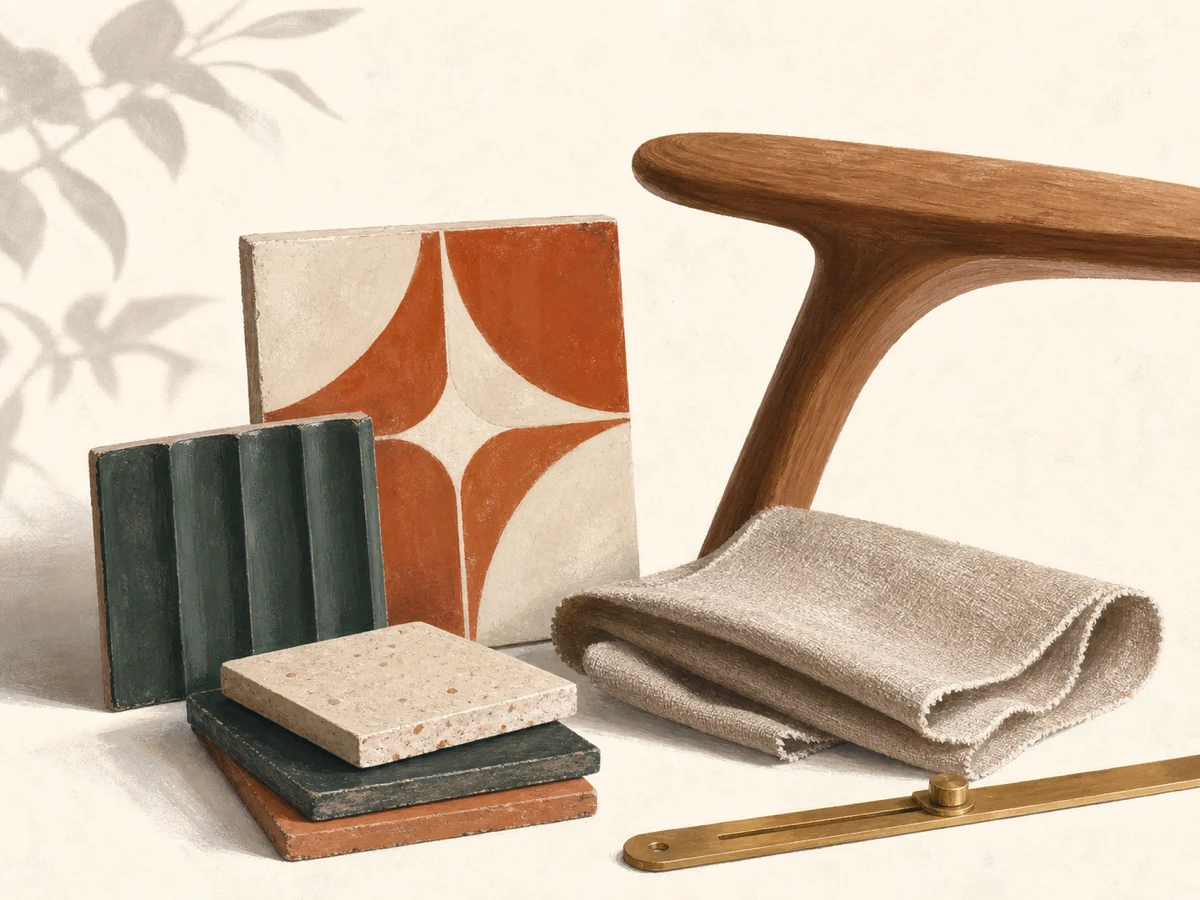 Editorial illustration of tile, wood, and upholstery samples