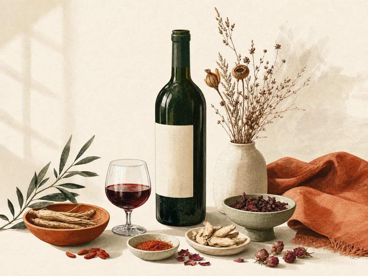 Editorial illustration of an unbranded wine bottle and botanical ingredients